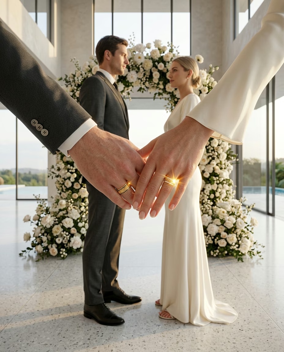 Casal feliz com alianças