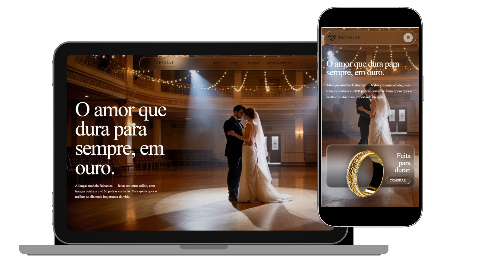 Site para joalheria TopJoias em laptop e celular — projeto desenvolvido por Angela Leite